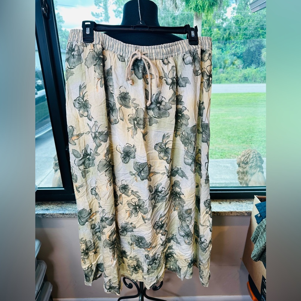 Vintage Carole Little Made USA Maxi Beige Green Floral Skirt Plus Size 16 Woman